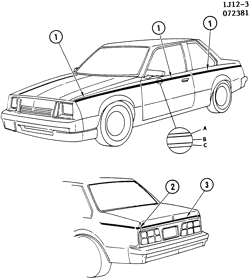 МОЛДИНГИ КУЗОВА-ЛИСТОВОЙ МЕТАЛ-ФУРНИТУРА ЗАДНЕГО ОТСЕКА-ФУРНИТУРА КРЫШИ Chevrolet Cavalier 1982-1982 JD27 STRIPES/BODY (W/TWO-TONE/D84)