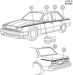 МОЛДИНГИ КУЗОВА-ЛИСТОВОЙ МЕТАЛ-ФУРНИТУРА ЗАДНЕГО ОТСЕКА-ФУРНИТУРА КРЫШИ Chevrolet Cavalier 1982-1982 JD69 STRIPES/BODY (W/TWO-TONE/D84)