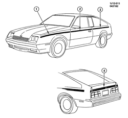 МОЛДИНГИ КУЗОВА-ЛИСТОВОЙ МЕТАЛ-ФУРНИТУРА ЗАДНЕГО ОТСЕКА-ФУРНИТУРА КРЫШИ Chevrolet Cavalier 1983-1983 JE77 STRIPES/BODY (W/UPR ACCENT STRIPE/D85)