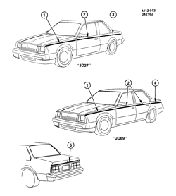 BODY MOLDINGS-SHEET METAL-REAR COMPARTMENT HARDWARE-ROOF HARDWARE Chevrolet Cavalier 1983-1983 J27-69 STRIPES/BODY (W/UPR ACCENT STRIPE/D85)