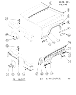 FRONT END SHEET METAL-HEATER-VEHICLE MAINTENANCE Buick Estate Wagon 1982-1983 B MOLDINGS/FRONT END
