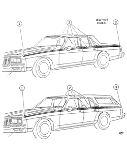 BODY MOLDINGS-SHEET METAL-REAR COMPARTMENT HARDWARE-ROOF HARDWARE Chevrolet Impala 1985-1985 B35-69 STRIPES/BODY (D85 OPTION)