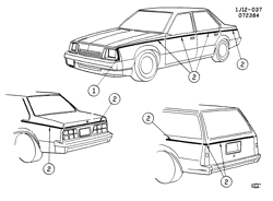 МОЛДИНГИ КУЗОВА-ЛИСТОВОЙ МЕТАЛ-ФУРНИТУРА ЗАДНЕГО ОТСЕКА-ФУРНИТУРА КРЫШИ Chevrolet Cavalier 1985-1986 J27-35-69 STRIPES/BODY (W/TWO-TONE/D84)