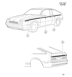 МОЛДИНГИ КУЗОВА-ЛИСТОВОЙ МЕТАЛ-ФУРНИТУРА ЗАДНЕГО ОТСЕКА-ФУРНИТУРА КРЫШИ Chevrolet Cavalier 1985-1986 J77 STRIPES/BODY (W/UPR ACCENT STRIPE/D85)