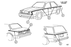 МОЛДИНГИ КУЗОВА-ЛИСТОВОЙ МЕТАЛ-ФУРНИТУРА ЗАДНЕГО ОТСЕКА-ФУРНИТУРА КРЫШИ Chevrolet Cavalier 1987-1987 J27-35-69 STRIPES/BODY (W/TWO-TONE/D84)