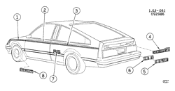 МОЛДИНГИ КУЗОВА-ЛИСТОВОЙ МЕТАЛ-ФУРНИТУРА ЗАДНЕГО ОТСЕКА-ФУРНИТУРА КРЫШИ Chevrolet Cavalier 1986-1986 JE STRIPES/BODY & DECALS (W/D88,B57)
