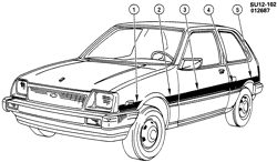 MOULURES DE CARROSSERIE - FEUILLE DE MÉTAL - QUINCAILLERIE DU COFFRE ARR. - ET DU TOIT Chevrolet Sprint 1987-1987 M08 STRIPES/BODY SIDE (D88)