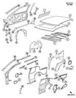 BODY MOLDINGS-SHEET METAL-REAR COMPARTMENT HARDWARE-ROOF HARDWARE Buick Riviera 1986-1988 E57 SHEET METAL/BODY-SIDE FRAME, DOORS & ROOF