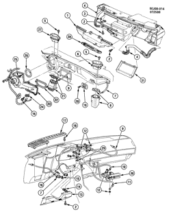 FRONT END SHEET METAL-HEATER-VEHICLE MAINTENANCE Chevrolet Cavalier 1985-1988 JE HEATER & DEFROSTER SYSTEM