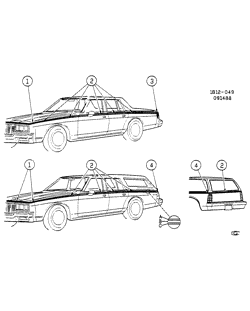 МОЛДИНГИ КУЗОВА-ЛИСТОВОЙ МЕТАЛ-ФУРНИТУРА ЗАДНЕГО ОТСЕКА-ФУРНИТУРА КРЫШИ Chevrolet Caprice 1986-1990 B35-69 STRIPES/BODY (W/TWO-TONE/D84)