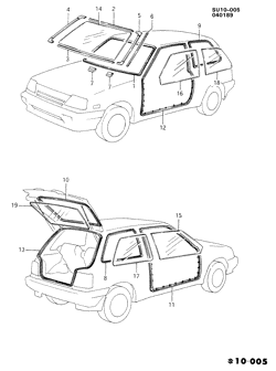 WINDSHIELD-WIPER-MIRRORS-INSTRUMENT PANEL-CONSOLE-DOORS Chevrolet Sprint 1985-1988 M08 MOLDING, GLASS & WEATHERSTRIP/BODY