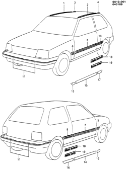 BODY MOLDINGS-SHEET METAL-REAR COMPARTMENT HARDWARE-ROOF HARDWARE Chevrolet Sprint 1985-1988 M MOLDINGS/BODY EXTERIOR