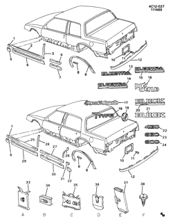 BODY MOLDINGS-SHEET METAL-REAR COMPARTMENT HARDWARE-ROOF HARDWARE Buick Electra 1985-1987 C11 MOLDINGS/BODY-BELOW BELT