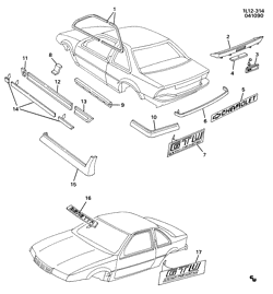 BODY MOLDINGS-SHEET METAL-REAR COMPARTMENT HARDWARE-ROOF HARDWARE Chevrolet Corsica 1988-1989 L37 MOLDINGS/BODY (GTU W/BBA)