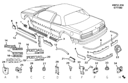 МОЛДИНГИ КУЗОВА-ЛИСТОВОЙ МЕТАЛ-ФУРНИТУРА ЗАДНЕГО ОТСЕКА-ФУРНИТУРА КРЫШИ Buick Regal 1988-1991 W57 MOLDINGS/BODY-BELOW BELT(BX4)