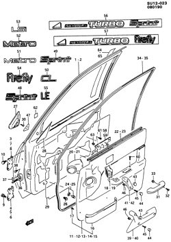 WINDSHIELD-WIPER-MIRRORS-INSTRUMENT PANEL-CONSOLE-DOORS Chevrolet Sprint 1989-1991 M08 DOOR PANEL & TRIM/FRONT