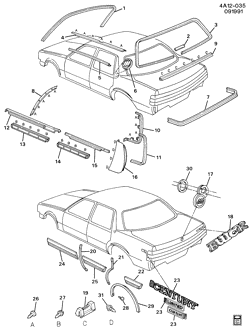 BODY MOLDINGS-SHEET METAL-REAR COMPARTMENT HARDWARE-ROOF HARDWARE Buick Century 1991-1991 A69 MOLDINGS/BODY
