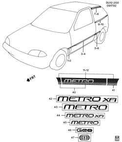 BODY MOLDINGS-SHEET METAL-REAR COMPARTMENT HARDWARE-ROOF HARDWARE Chevrolet Metro 1989-1994 MS,MR08 MOLDINGS/BODY AND STRIPES
