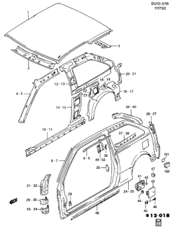 BODY MOLDINGS-SHEET METAL-REAR COMPARTMENT HARDWARE-ROOF HARDWARE Chevrolet Sprint 1989-1994 M08 SHEET METAL/BODY ROOF & SIDE