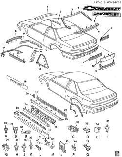 BODY MOLDINGS-SHEET METAL-REAR COMPARTMENT HARDWARE-ROOF HARDWARE Chevrolet Corsica 1994-1996 L37 MOLDINGS/BODY