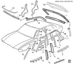 BODY MOLDINGS-SHEET METAL-REAR COMPARTMENT HARDWARE-ROOF HARDWARE Buick Lesabre 1992-1992 H MOLDINGS/BODY-ABOVE BELT
