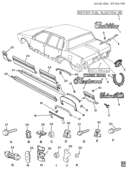 BODY MOLDINGS-SHEET METAL-REAR COMPARTMENT HARDWARE-ROOF HARDWARE Cadillac Fleetwood Sixty Special 1992-1993 C69 MOLDINGS/BODY-BELOW BELT