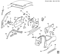 BODY MOLDINGS-SHEET METAL-REAR COMPARTMENT HARDWARE-ROOF HARDWARE Chevrolet Cavalier 1992-1994 J37 SHEET METAL/BODY SIDE FRAME, DOOR AND ROOF