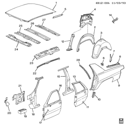 BODY MOLDINGS-SHEET METAL-REAR COMPARTMENT HARDWARE-ROOF HARDWARE Buick Hearse/Limousine 1992-1996 B69 SHEET METAL/BODY PART 2 SIDE FRAME, DOOR & ROOF