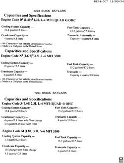 MAINTENANCE PARTS-FLUIDS-CAPACITIES-ELECTRICAL CONNECTORS-VIN NUMBERING SYSTEM Buick Skylark 1993-1994 N CAPACITIES