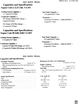PEÇAS DE MANUTENÇÃO-FLUIDOS-CAPACITORES-CONECTORES ELÉTRICOS-SISTEMA DE NUMERAÇÃO DE IDENTIFICAÇÃO DE VEÍCULOS Buick Regal 1994-1995 W CAPACITIES