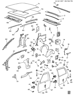 BODY MOLDINGS-SHEET METAL-REAR COMPARTMENT HARDWARE-ROOF HARDWARE Cadillac Deville 1991-1993 C69 SHEET METAL/BODY-SIDE FRAME, DOOR & ROOF
