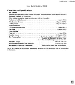 MAINTENANCE PARTS-FLUIDS-CAPACITIES-ELECTRICAL CONNECTORS-VIN NUMBERING SYSTEM Buick Park Avenue 1996-1996 C CAPACITIES