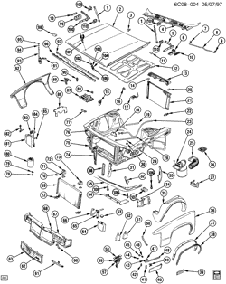 FRONT END SHEET METAL-HEATER-VEHICLE MAINTENANCE Cadillac Funeral Coach 1985-1986 C SHEET METAL/FRONT END