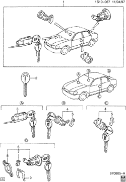 WINDSHIELD-WIPER-MIRRORS-INSTRUMENT PANEL-CONSOLE-DOORS Chevrolet Prizm 1998-2002 S LOCK CYLINDER SET