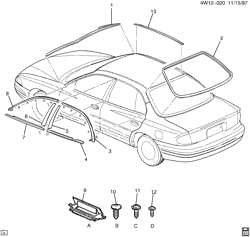 BODY MOLDINGS-SHEET METAL-REAR COMPARTMENT HARDWARE-ROOF HARDWARE Buick Regal 1997-2004 W MOLDINGS/BODY-ABOVE BELT