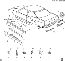 BODY MOLDINGS-SHEET METAL-REAR COMPARTMENT HARDWARE-ROOF HARDWARE Cadillac Eldorado 1995-1996 E MOLDINGS/BODY-BELOW BELT