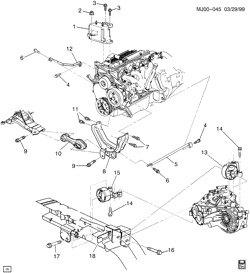 4-ЦИЛИНДРОВЫЙ ДВИГАТЕЛЬ Chevrolet Cavalier 2000-2002 J ENGINE & TRANSMISSION MOUNTING-L4 (LN2/2.2-4, MANUAL TRANS M94)