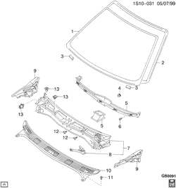 WINDSHIELD-WIPER-MIRRORS-INSTRUMENT PANEL-CONSOLE-DOORS Chevrolet Prizm 1989-1992 S COWL PANEL & WINDSHIELD GLASS
