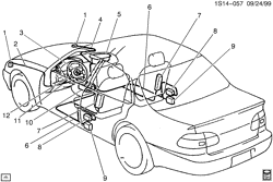 INTERIOR TRIM-FRONT SEAT TRIM-SEAT BELTS Chevrolet Prizm 1998-2002 S INFLATABLE RESTRAINT SYSTEM PART 1 COMPONENT LOCATION VIEWS(AK5,AJ7)