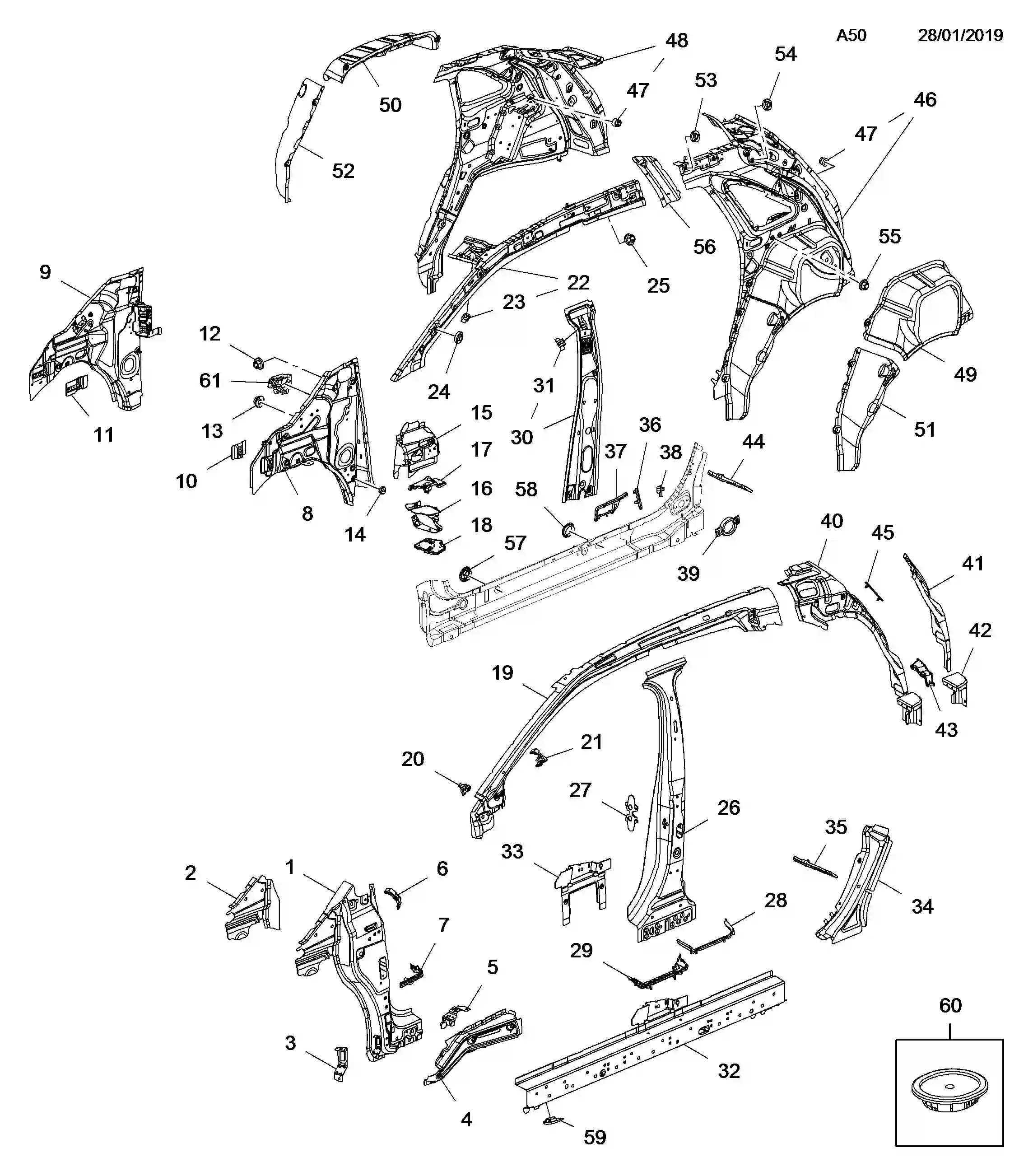 Opel Crossland X Body side frame Diagram & OEM Parts (2017 - 2021 ...