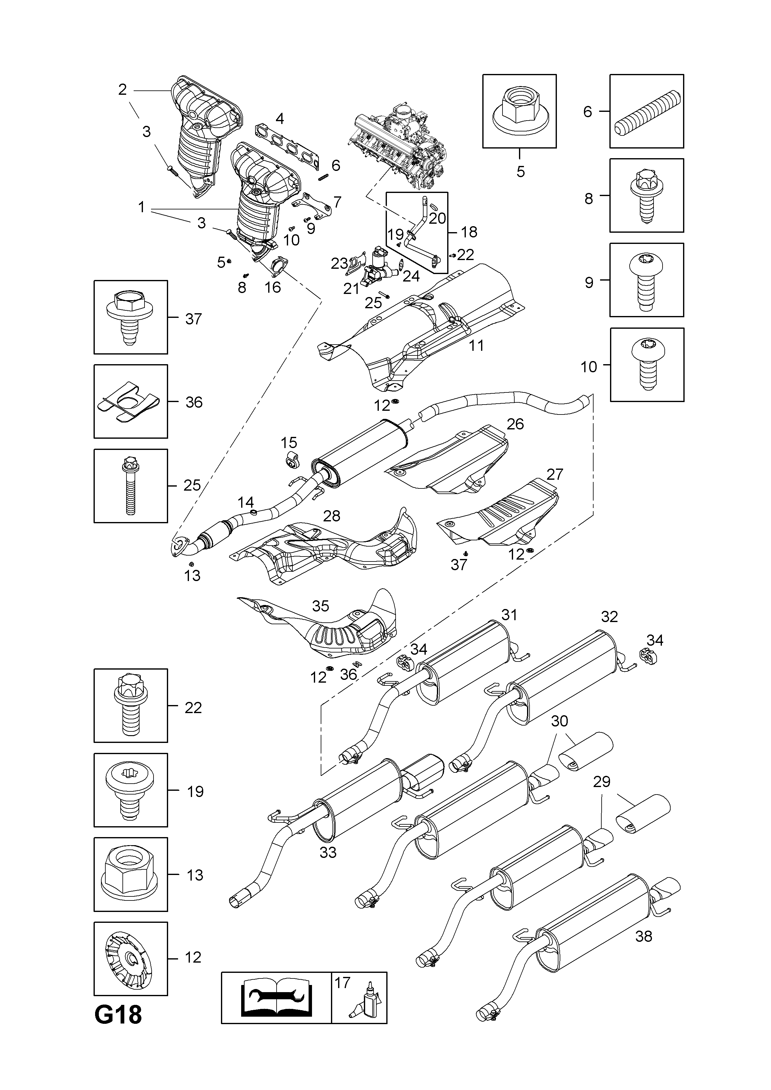EXHAUST MANIFOLD, CATALYTIC CONVERTER AND FRONT PIPE <small><i>[Z14XEP[LJ2],A14XEL[L2Z],A14XER[LDD] PETROL ENGINES]</i></small>