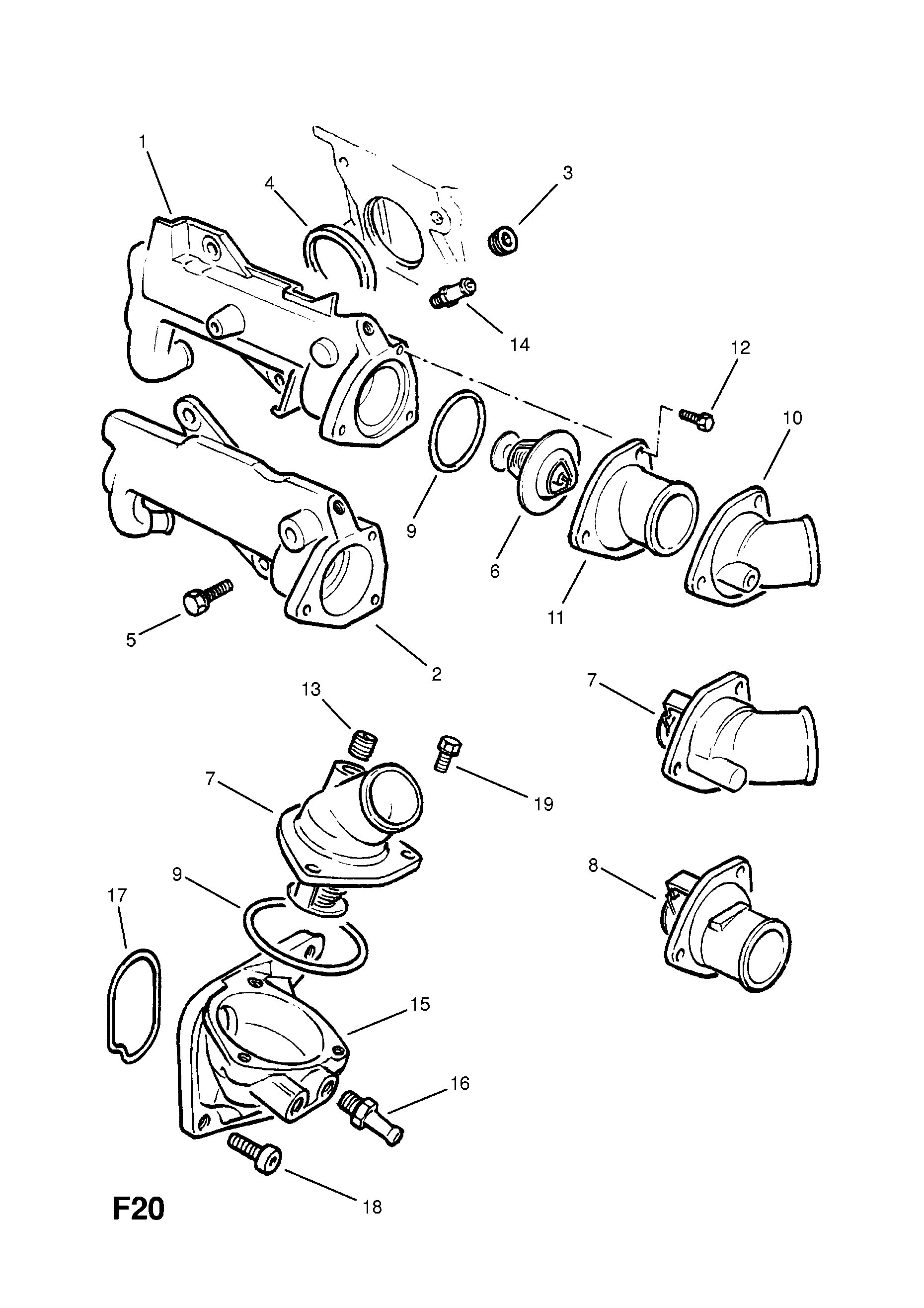 THERMOSTAT, HOUSING AND WATER OUTLET (CONTD.) <small><i>[20NE[LE4],20SEH[2H4],20SER[2H4],C20NE[LE4] PETROL ENGINES]</i></small>