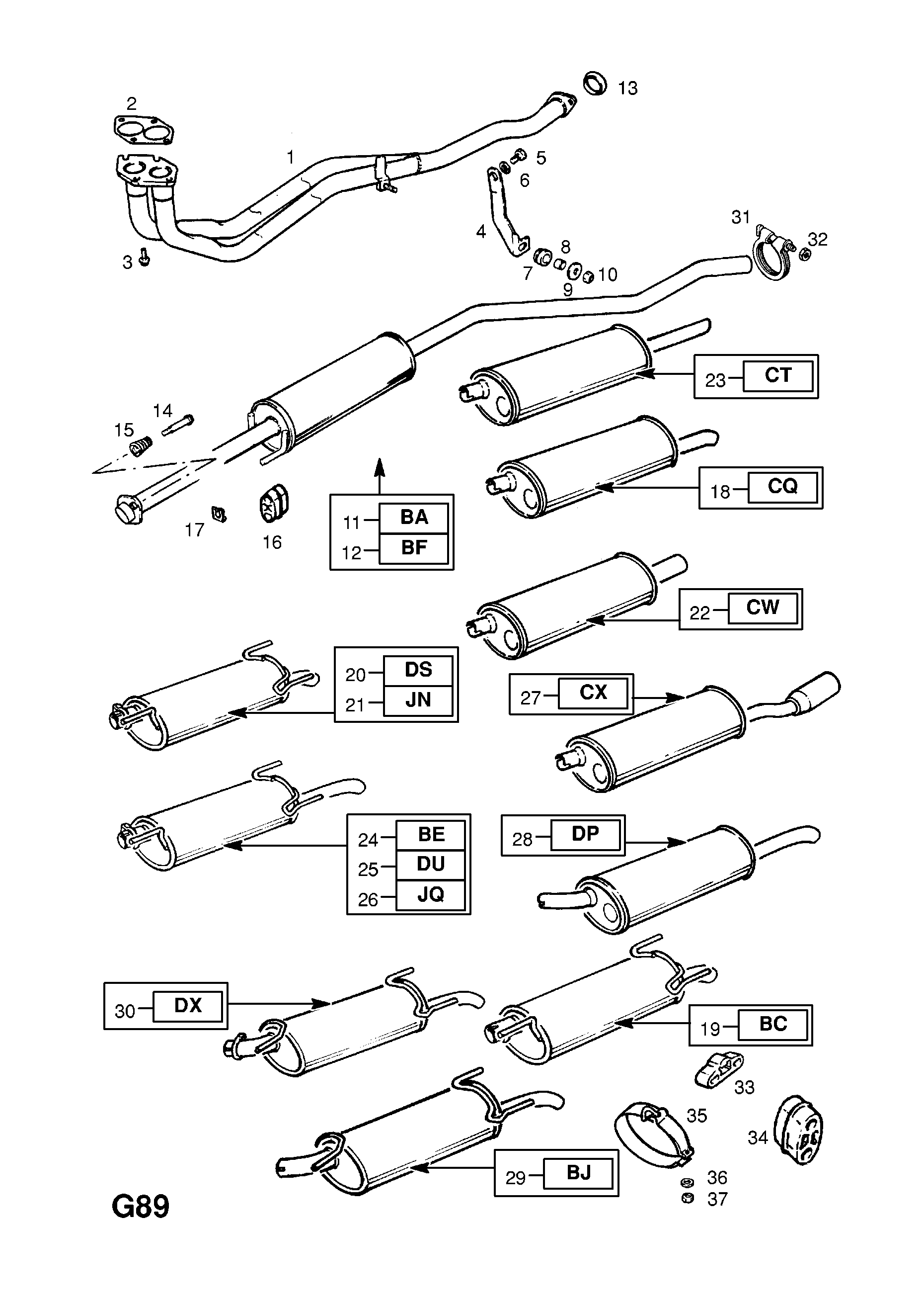 EXHAUST PIPE,SILENCER AND CATALYTIC CONVERTER <small><i>[14NV[L89] PETROL ENGINE]</i></small>