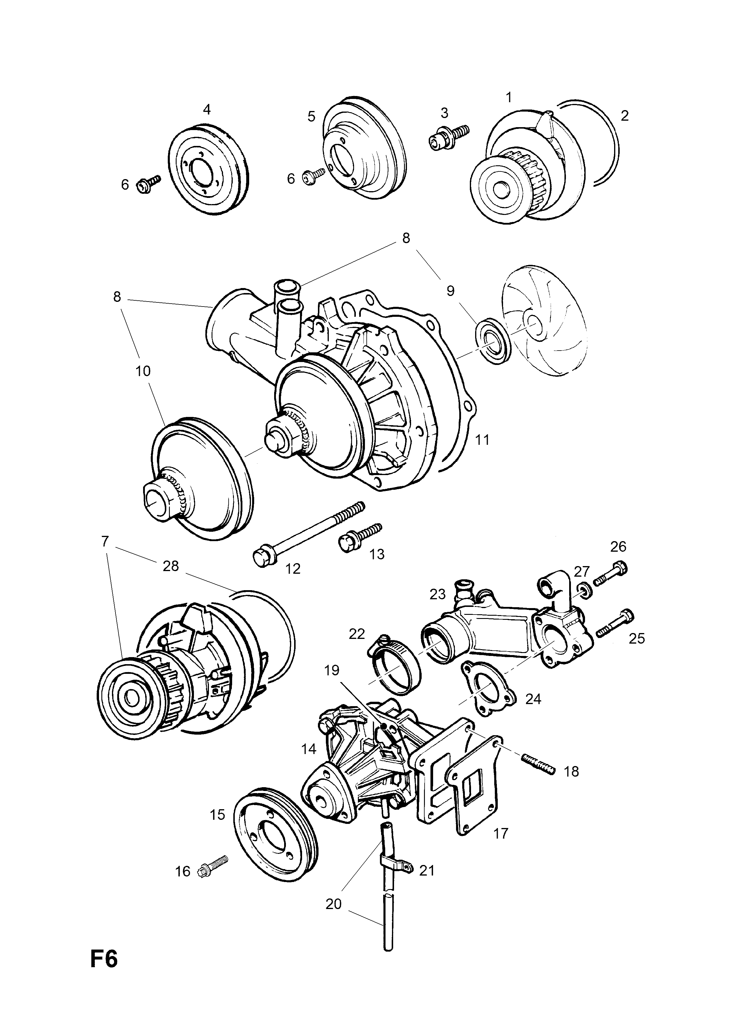 WATER PUMP AND FITTINGS <small><i>[C24NE[LU6] PETROL AND 23TD DIESEL ENGINES]</i></small>
