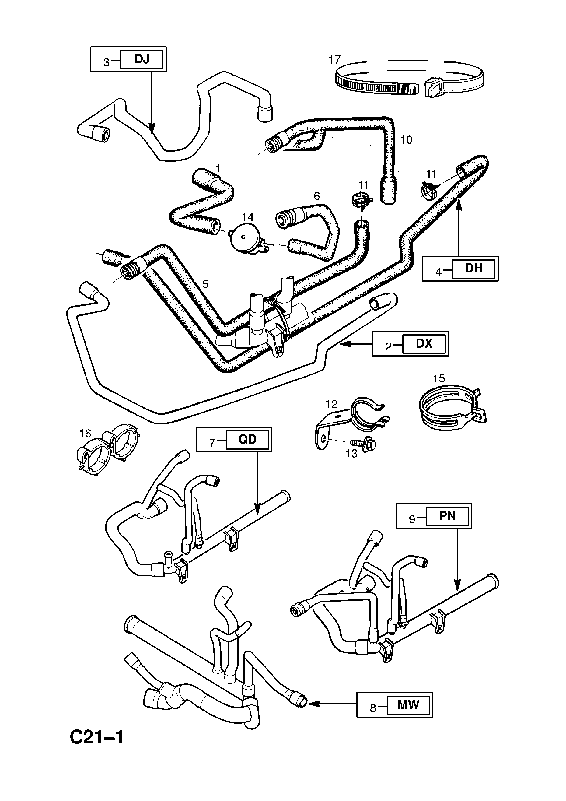 HEATER HOSES AND FIXINGS (CONTD.) <small><i>[X20XEV[L34] ENGINE]</i></small>