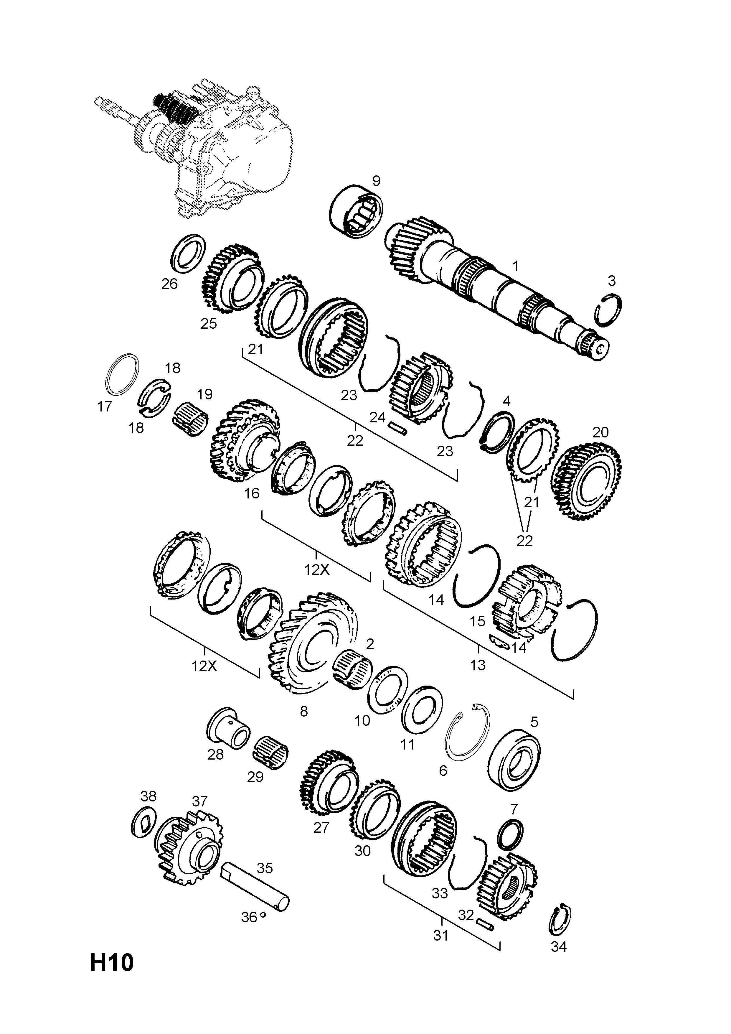 MAINSHAFT GEARS <small><i>[FIRST AND SECOND GEARS]</i></small>