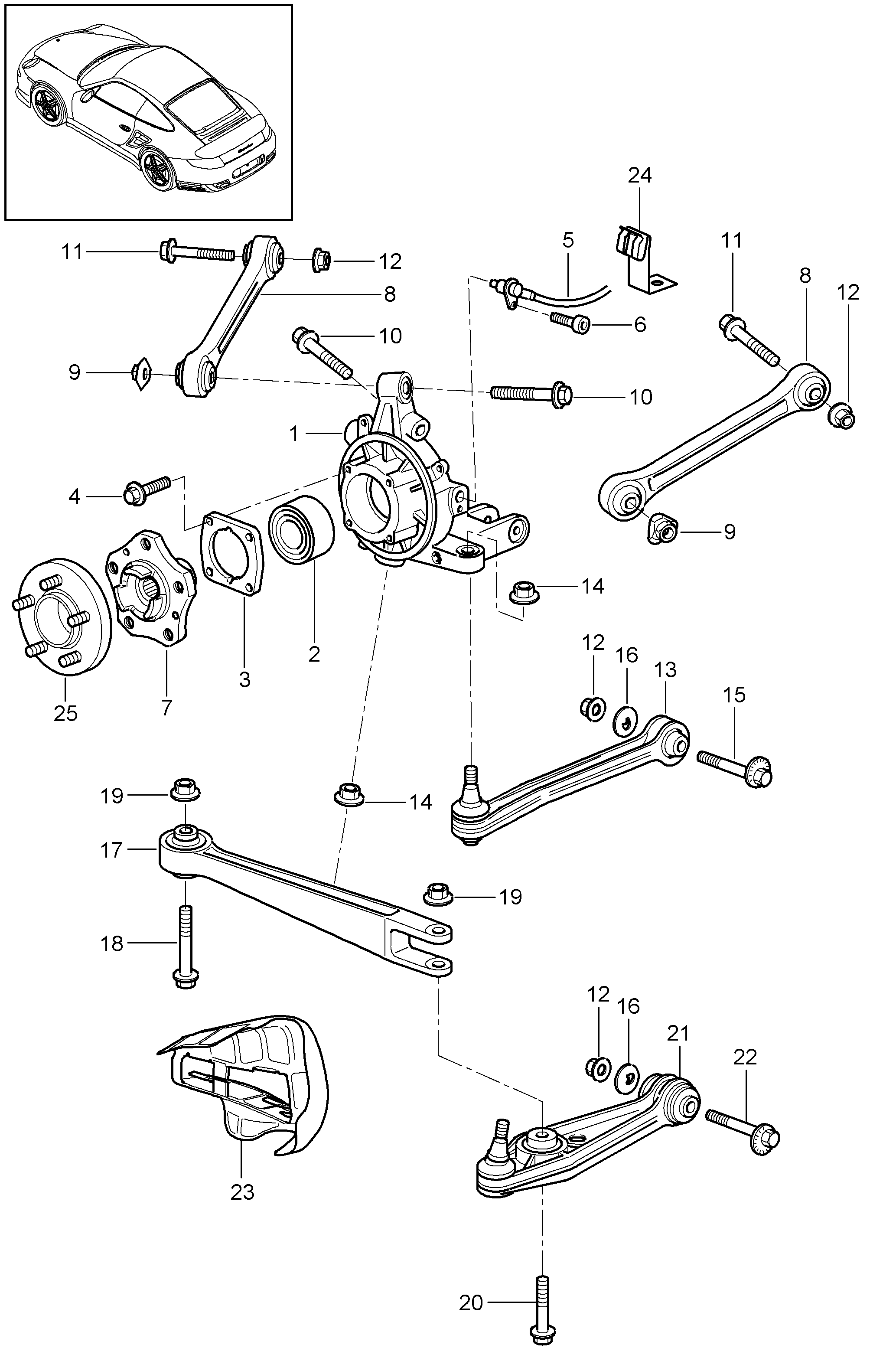 Porsche 911 Turbo/GT2 997 Rear axle wheel carrier guide wheel hub parts ...