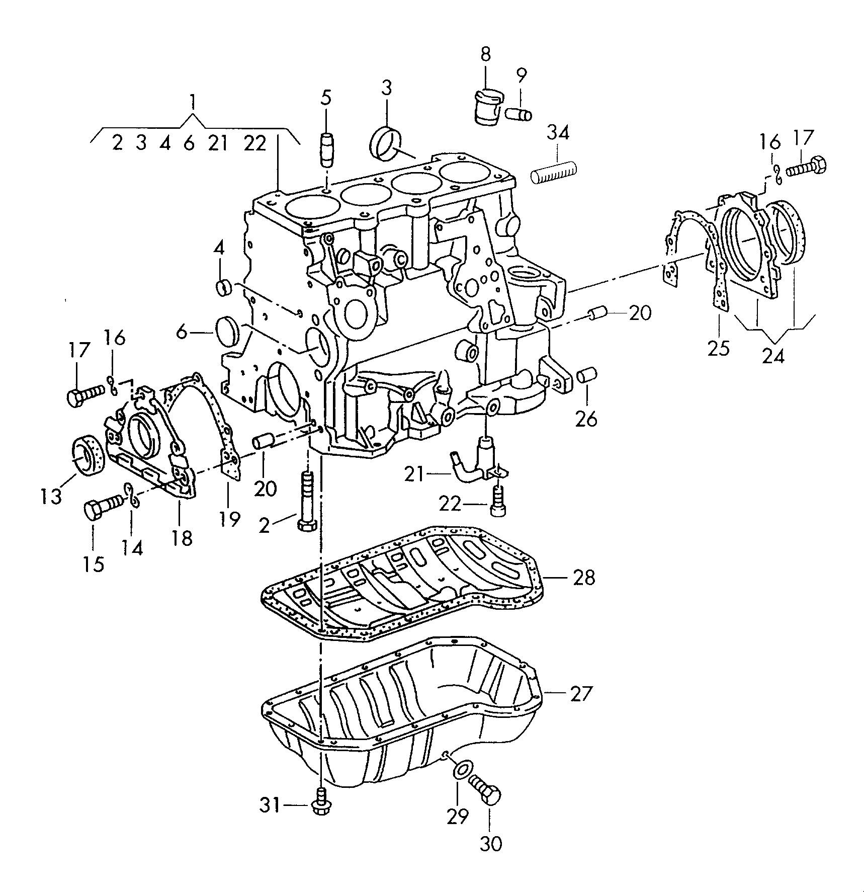 Cylinder block with pistons oil sump for Skoda Pick Up 1996 - 2001 Europe