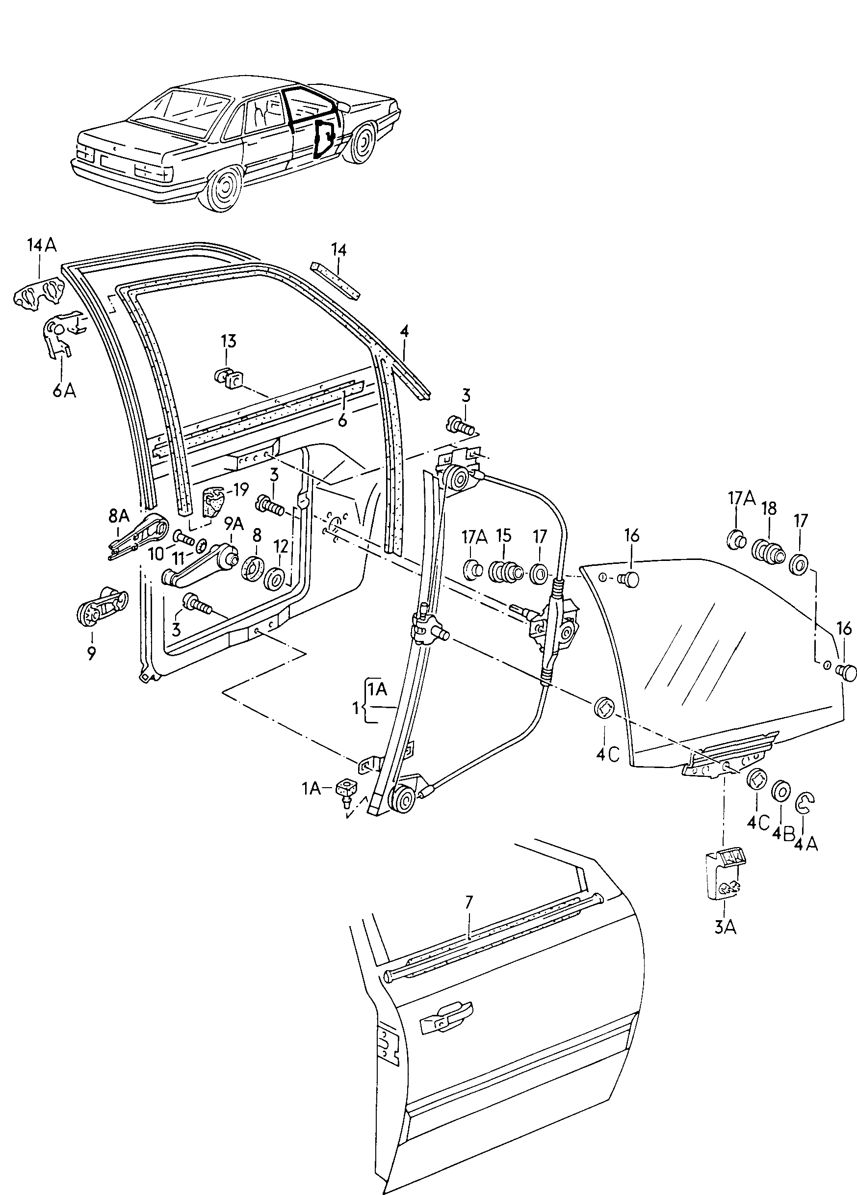 Cтеклоподъемник, направляющие,<br>уплотнитель<br>для двери передн. - Audi 100/Avant - a100