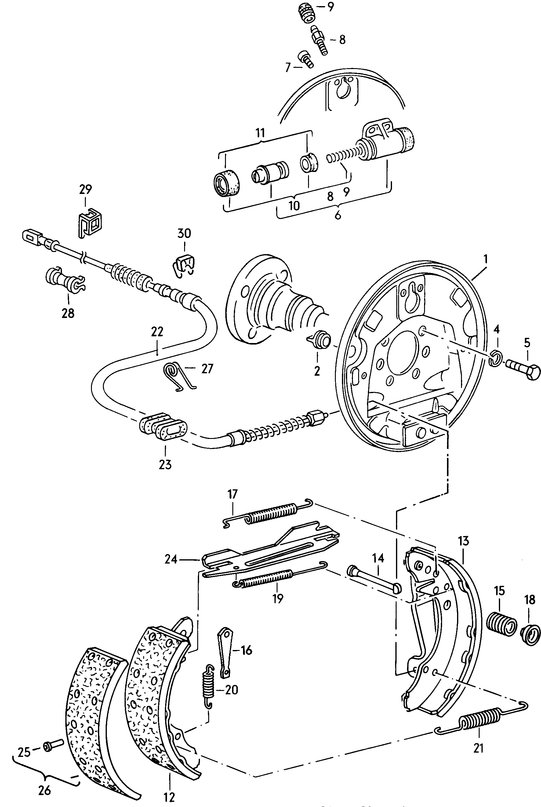Барабанные тормозаТормозный щитКолёсный тормозной цилиндрТормозная колодка с накладкой задн.<br> 230X40MM - Audi 100/Avant - a100
